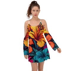 Hibiscus Flowers Colorful Vibrant Tropical Garden Bright Saturated Nature Boho Dress by Maspions