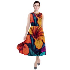 Hibiscus Flowers Colorful Vibrant Tropical Garden Bright Saturated Nature Round Neck Boho Dress by Maspions