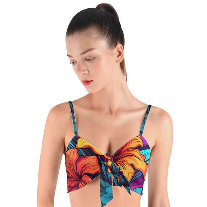 Hibiscus Flowers Colorful Vibrant Tropical Garden Bright Saturated Nature Woven Tie Front Bralet