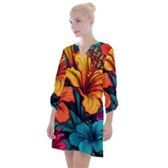 Hibiscus Flowers Colorful Vibrant Tropical Garden Bright Saturated Nature Open Neck Shift Dress