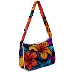 Hibiscus Flowers Colorful Vibrant Tropical Garden Bright Saturated Nature Zip Up Shoulder Bag