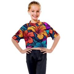 Hibiscus Flowers Colorful Vibrant Tropical Garden Bright Saturated Nature Kids Mock Neck T-shirt