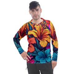 Hibiscus Flowers Colorful Vibrant Tropical Garden Bright Saturated Nature Men s Pique Long Sleeve T-shirt