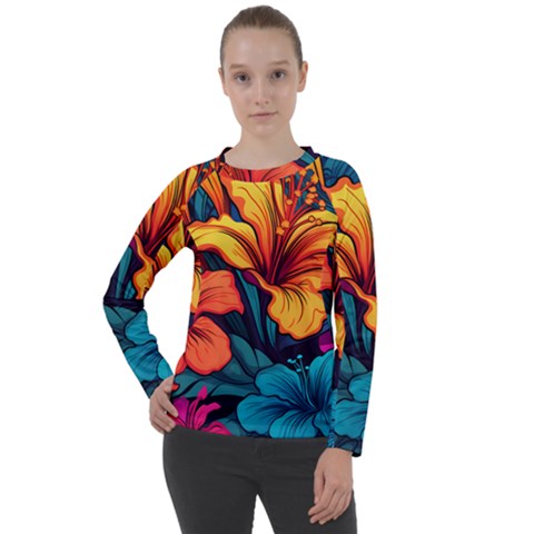 Hibiscus Flowers Colorful Vibrant Tropical Garden Bright Saturated Nature Women s Long Sleeve Raglan T-shirt by Maspions