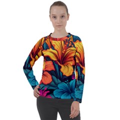 Hibiscus Flowers Colorful Vibrant Tropical Garden Bright Saturated Nature Women s Long Sleeve Raglan T-shirt