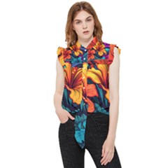 Hibiscus Flowers Colorful Vibrant Tropical Garden Bright Saturated Nature Frill Detail Shirt by Maspions