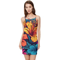 Hibiscus Flowers Colorful Vibrant Tropical Garden Bright Saturated Nature Summer Tie Front Dress