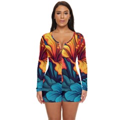 Hibiscus Flowers Colorful Vibrant Tropical Garden Bright Saturated Nature Long Sleeve Boyleg Swimsuit