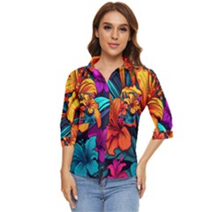 Hibiscus Flowers Colorful Vibrant Tropical Garden Bright Saturated Nature Women s Quarter Sleeve Pocket Shirt