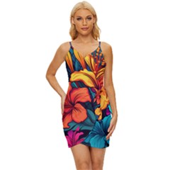 Hibiscus Flowers Colorful Vibrant Tropical Garden Bright Saturated Nature Wrap Tie Front Dress