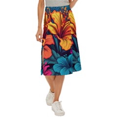 Hibiscus Flowers Colorful Vibrant Tropical Garden Bright Saturated Nature Midi Panel Skirt by Maspions