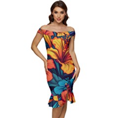 Hibiscus Flowers Colorful Vibrant Tropical Garden Bright Saturated Nature Off Shoulder Ruffle Split Hem Bodycon Dress by Maspions