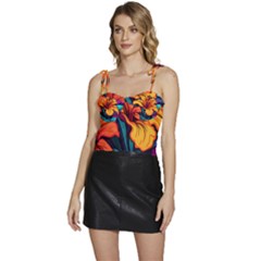 Hibiscus Flowers Colorful Vibrant Tropical Garden Bright Saturated Nature Flowy Camisole Tie Up Top by Maspions