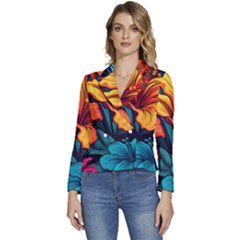 Hibiscus Flowers Colorful Vibrant Tropical Garden Bright Saturated Nature Women s Long Sleeve Revers Collar Cropped Jacket