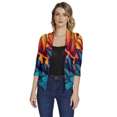 Hibiscus Flowers Colorful Vibrant Tropical Garden Bright Saturated Nature Women s Draped Front 3/4 Sleeve Shawl Collar Jacket