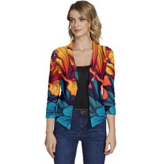 Hibiscus Flowers Colorful Vibrant Tropical Garden Bright Saturated Nature Women s Casual 3/4 Sleeve Spring Jacket