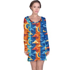 Clouds Stars Sky Moon Day And Night Background Wallpaper Long Sleeve Nightdress by Maspions