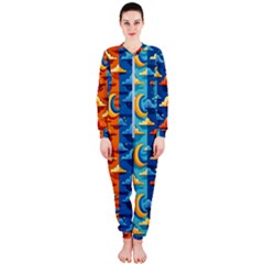 Clouds Stars Sky Moon Day And Night Background Wallpaper Onepiece Jumpsuit (ladies)