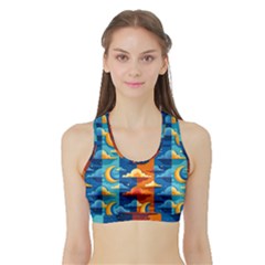 Clouds Stars Sky Moon Day And Night Background Wallpaper Sports Bra With Border