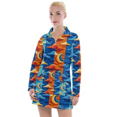 Clouds Stars Sky Moon Day And Night Background Wallpaper Women s Long Sleeve Casual Dress