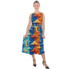 Clouds Stars Sky Moon Day And Night Background Wallpaper Midi Tie-back Chiffon Dress