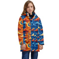 Clouds Stars Sky Moon Day And Night Background Wallpaper Kids  Hooded Longline Puffer Jacket by Maspions