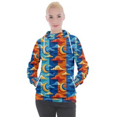 Clouds Stars Sky Moon Day And Night Background Wallpaper Women s Hooded Pullover