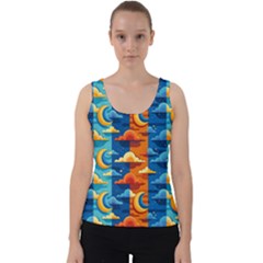 Clouds Stars Sky Moon Day And Night Background Wallpaper Velvet Tank Top