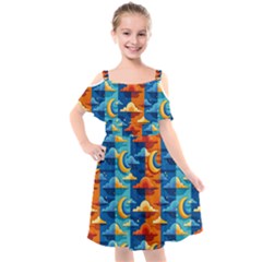 Clouds Stars Sky Moon Day And Night Background Wallpaper Kids  Cut Out Shoulders Chiffon Dress