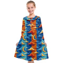 Clouds Stars Sky Moon Day And Night Background Wallpaper Kids  Midi Sailor Dress