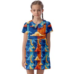 Clouds Stars Sky Moon Day And Night Background Wallpaper Kids  Asymmetric Collar Dress