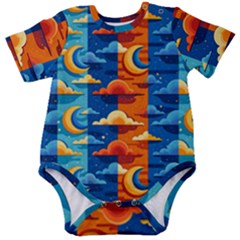 Clouds Stars Sky Moon Day And Night Background Wallpaper Baby Short Sleeve Bodysuit by Maspions