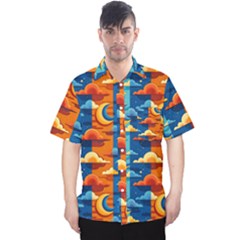 Clouds Stars Sky Moon Day And Night Background Wallpaper Men s Hawaii Shirt