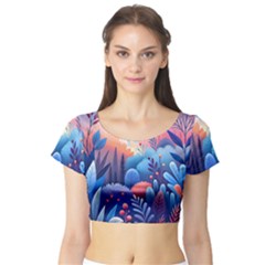 Nature Night Bushes Flowers Leaves Clouds Landscape Berries Story Fantasy Wallpaper Background Sampl Short Sleeve Crop Top