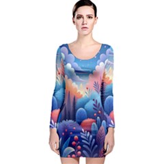 Nature Night Bushes Flowers Leaves Clouds Landscape Berries Story Fantasy Wallpaper Background Sampl Long Sleeve Bodycon Dress by Maspions