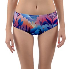 Nature Night Bushes Flowers Leaves Clouds Landscape Berries Story Fantasy Wallpaper Background Sampl Reversible Mid-waist Bikini Bottoms by Maspions