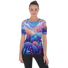 Nature Night Bushes Flowers Leaves Clouds Landscape Berries Story Fantasy Wallpaper Background Sampl Shoulder Cut Out Short Sleeve Top