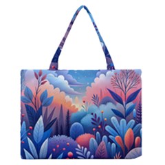 Nature Night Bushes Flowers Leaves Clouds Landscape Berries Story Fantasy Wallpaper Background Sampl Zipper Medium Tote Bag