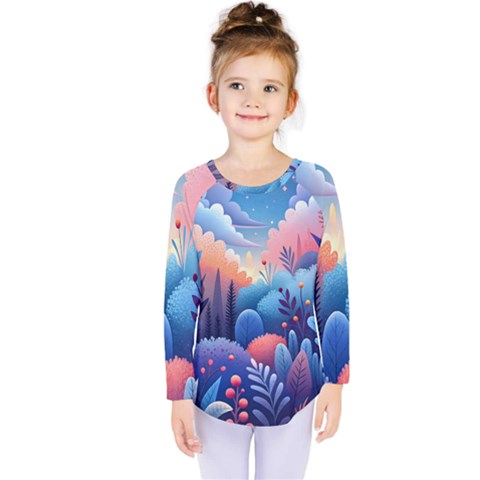 Nature Night Bushes Flowers Leaves Clouds Landscape Berries Story Fantasy Wallpaper Background Sampl Kids  Long Sleeve T-shirt by Maspions