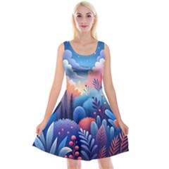 Nature Night Bushes Flowers Leaves Clouds Landscape Berries Story Fantasy Wallpaper Background Sampl Reversible Velvet Sleeveless Dress