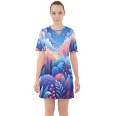 Nature Night Bushes Flowers Leaves Clouds Landscape Berries Story Fantasy Wallpaper Background Sampl Sixties Short Sleeve Mini Dress