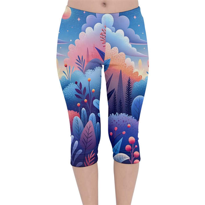 Nature Night Bushes Flowers Leaves Clouds Landscape Berries Story Fantasy Wallpaper Background Sampl Velvet Capri Leggings 