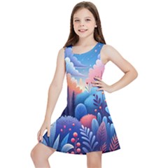 Nature Night Bushes Flowers Leaves Clouds Landscape Berries Story Fantasy Wallpaper Background Sampl Kids  Lightweight Sleeveless Dress by Maspions