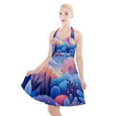 Nature Night Bushes Flowers Leaves Clouds Landscape Berries Story Fantasy Wallpaper Background Sampl Halter Party Swing Dress 