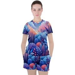 Nature Night Bushes Flowers Leaves Clouds Landscape Berries Story Fantasy Wallpaper Background Sampl Women s T-shirt And Shorts Set