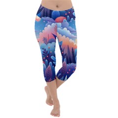 Nature Night Bushes Flowers Leaves Clouds Landscape Berries Story Fantasy Wallpaper Background Sampl Lightweight Velour Capri Yoga Leggings by Maspions