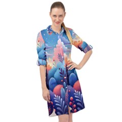 Nature Night Bushes Flowers Leaves Clouds Landscape Berries Story Fantasy Wallpaper Background Sampl Long Sleeve Mini Shirt Dress by Maspions