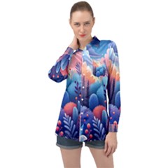 Nature Night Bushes Flowers Leaves Clouds Landscape Berries Story Fantasy Wallpaper Background Sampl Long Sleeve Satin Shirt