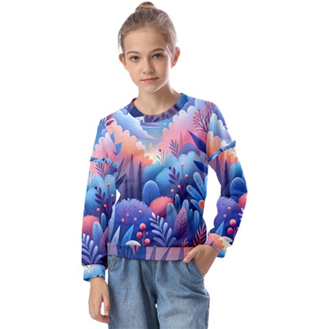 Nature Night Bushes Flowers Leaves Clouds Landscape Berries Story Fantasy Wallpaper Background Sampl Kids  Long Sleeve T-shirt With Frill  by Maspions