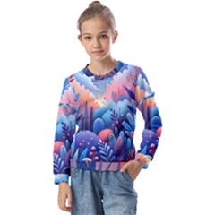 Nature Night Bushes Flowers Leaves Clouds Landscape Berries Story Fantasy Wallpaper Background Sampl Kids  Long Sleeve T-shirt With Frill 